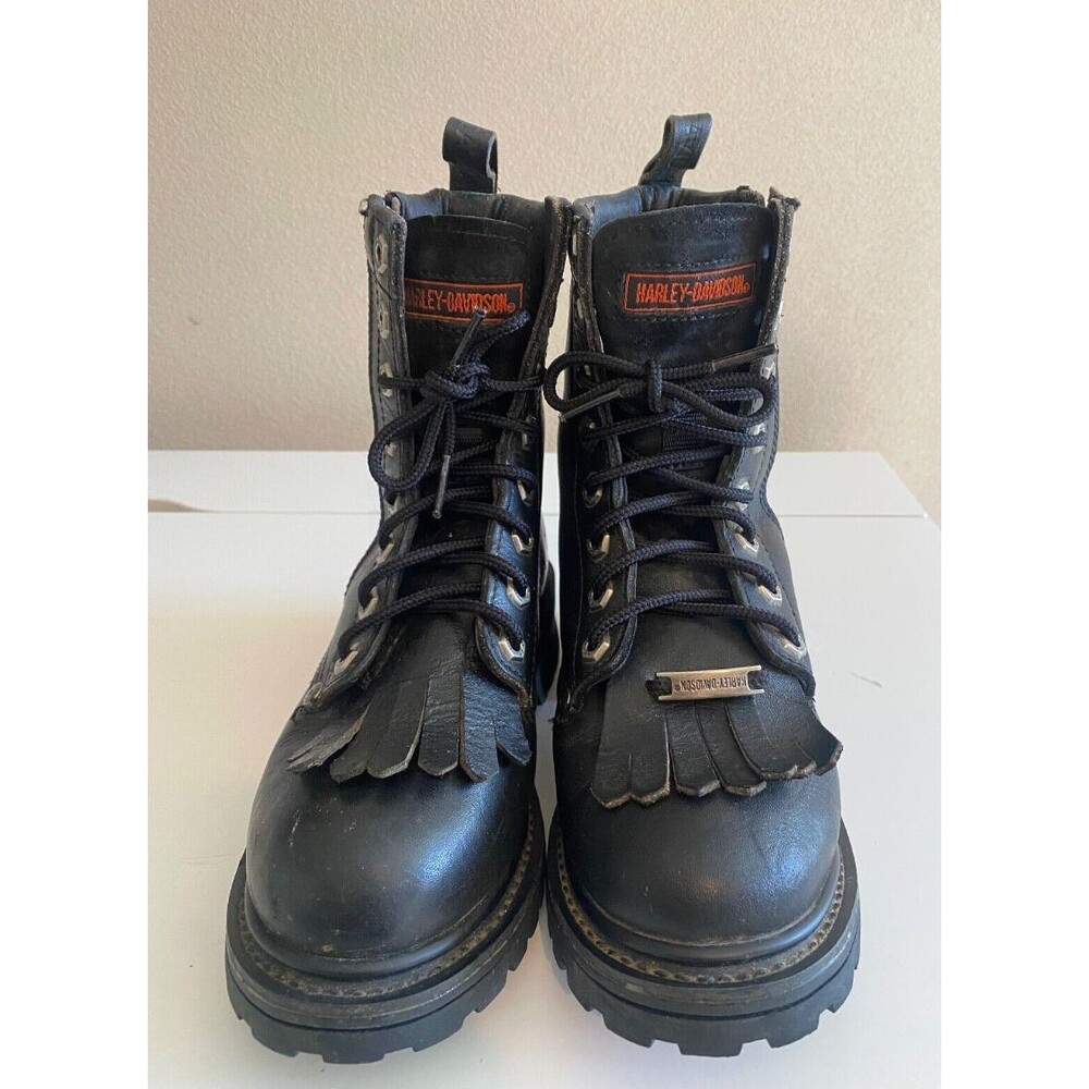 Harley Davidson Women's Sz 6 Black Leather Motorcycle Boots Fringe Top Side Zip
